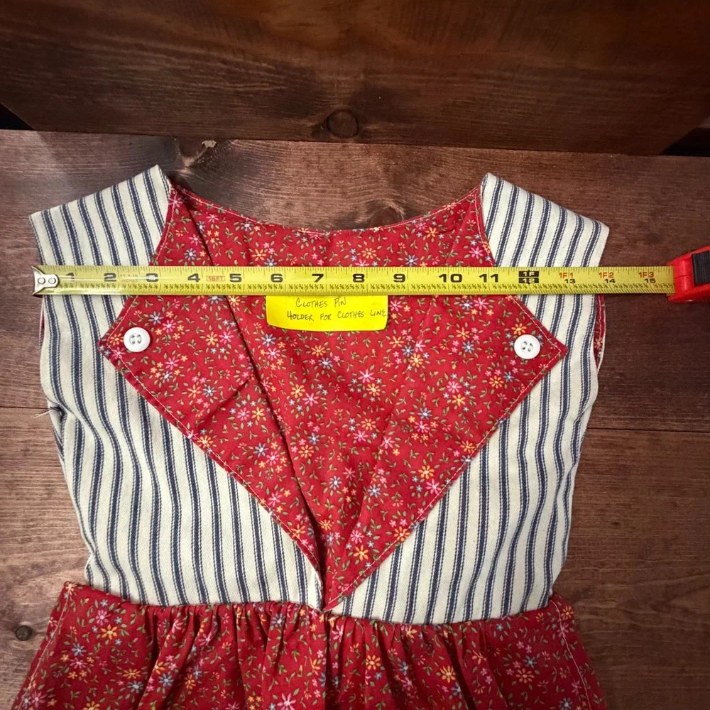 Handmade Vintage Style Clothespin Holder Apron Red Floral Ticking Stripe Lace